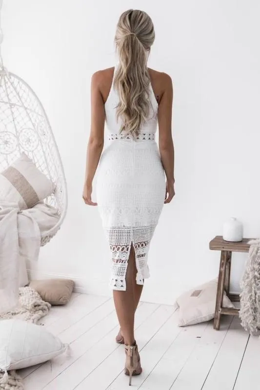 Womens Lace Midi Dress  Slim Fit  Halter Neck  Sheer Crochet Detail  Formal Wear