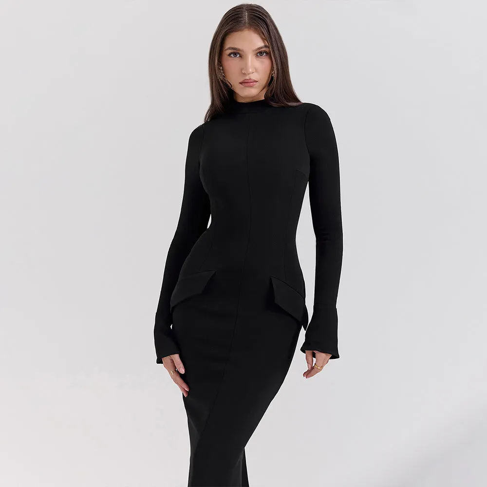 Womens Long Dress  Slim Fit  Round Neck  Long Sleeve  Formal Evening Wear