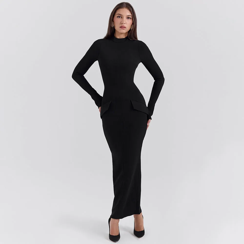 Womens Long Dress  Slim Fit  Round Neck  Long Sleeve  Formal Evening Wear