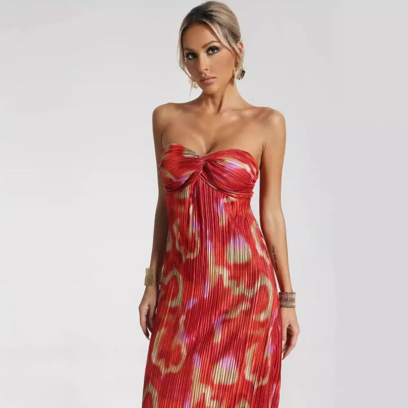Womens Strapless Maxi Dress  Slim Fit  Pleated Fabric  Abstract Print  Formal Wear