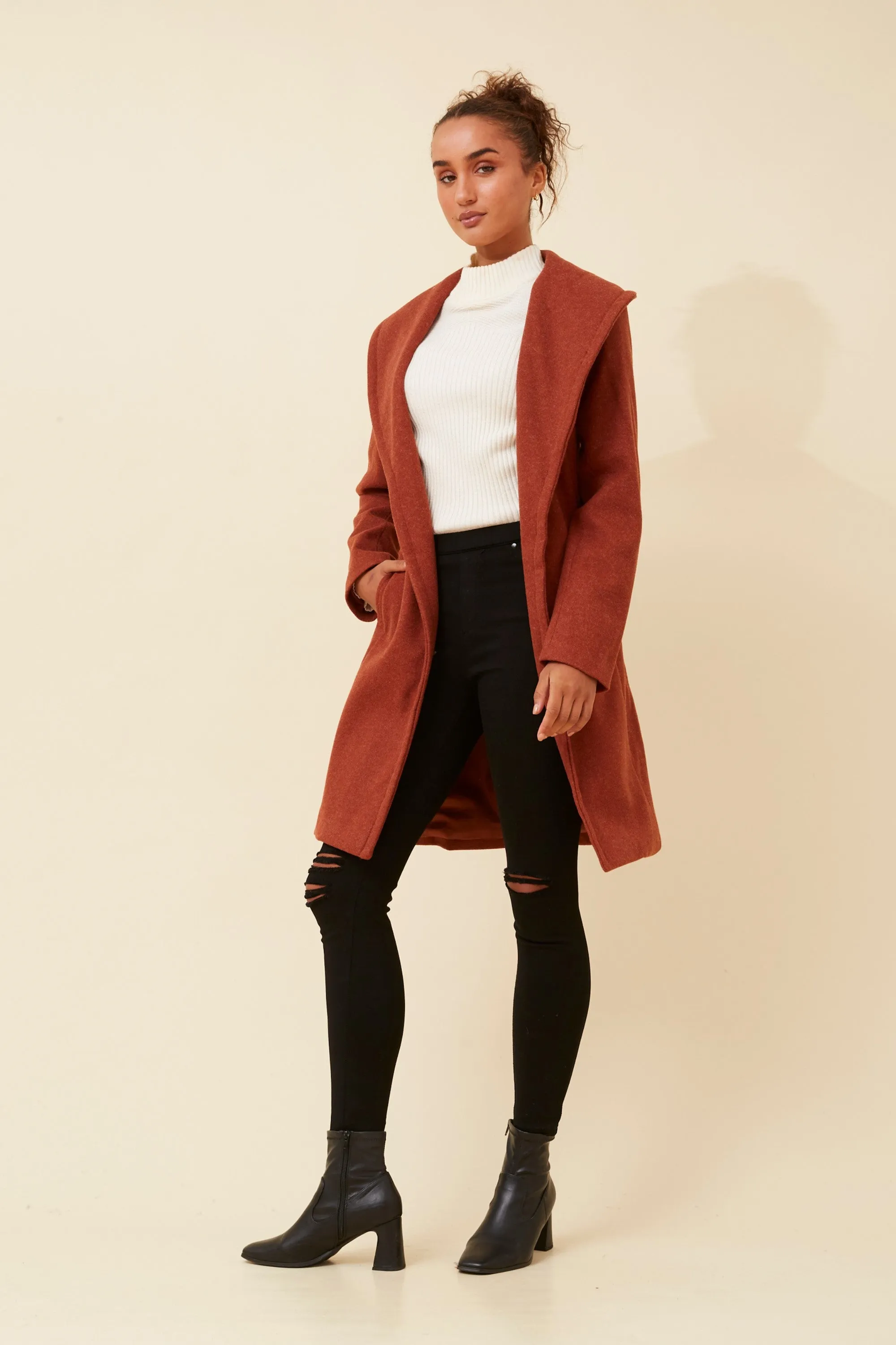 Wrap Shawl Collar Coat Rust
