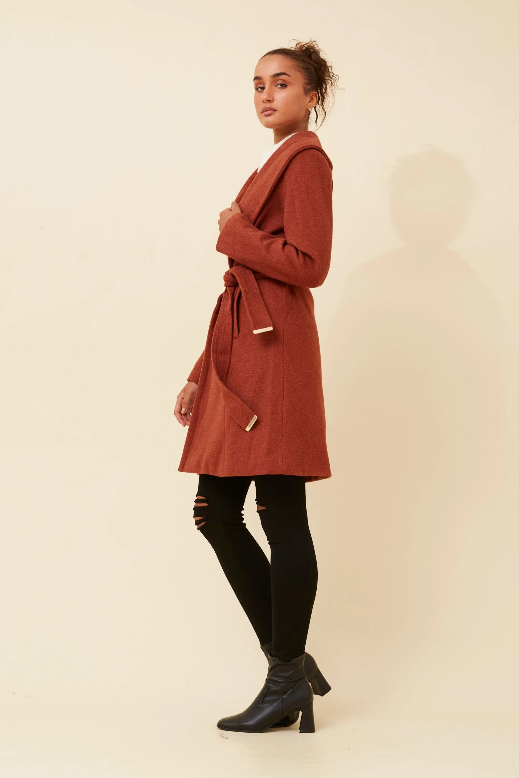 Wrap Shawl Collar Coat Rust